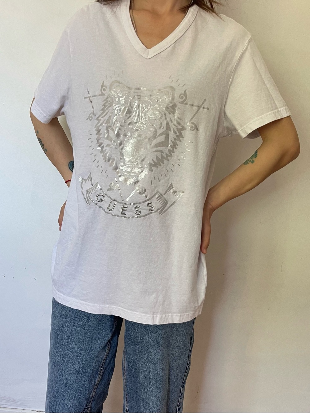 Guess White V-Neck Tee with Silver Metallic Tiger Graphic